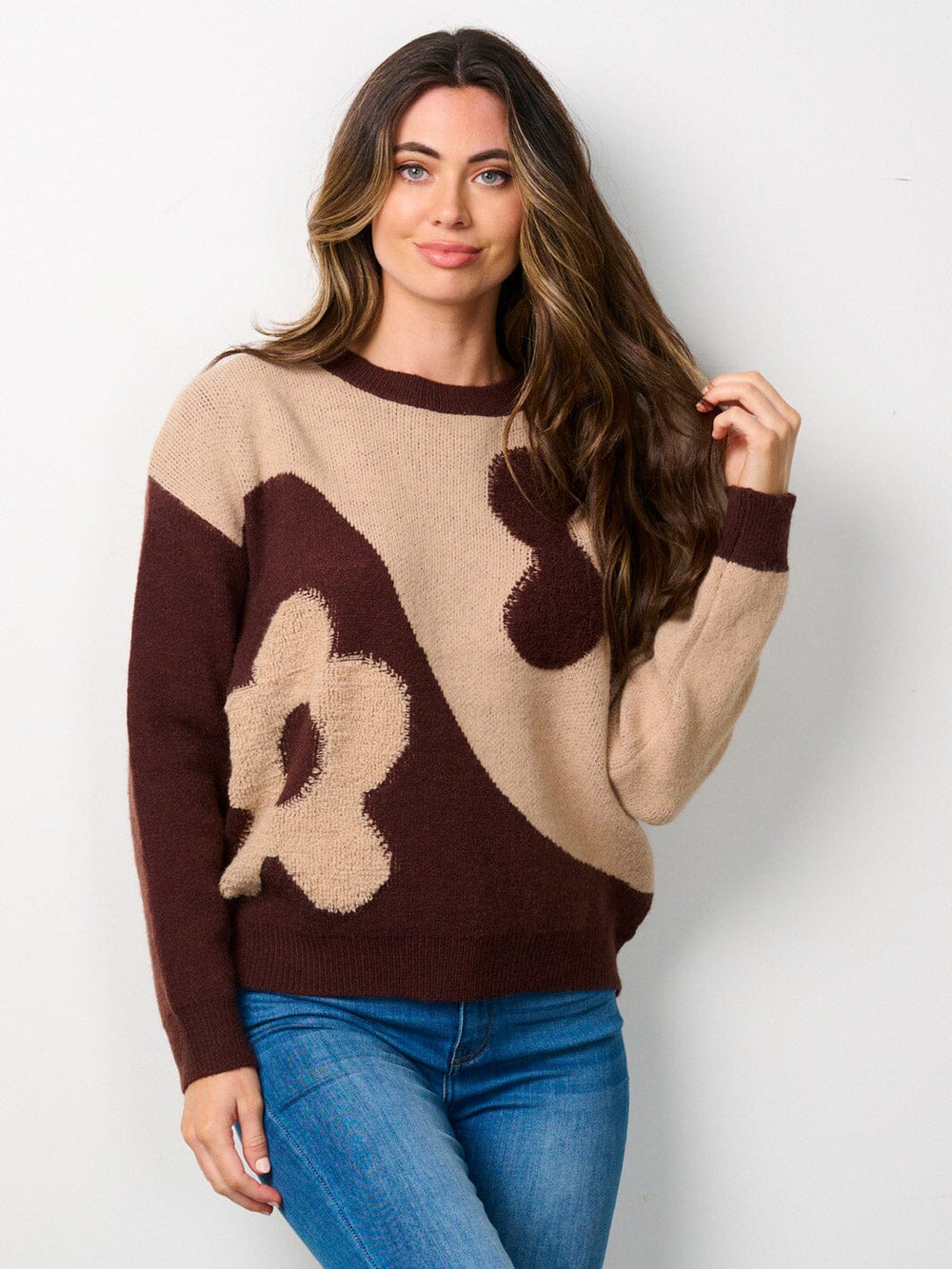 WOMEN'S LONG SLEEVE COLORBLOCK FLORAL SWEATER