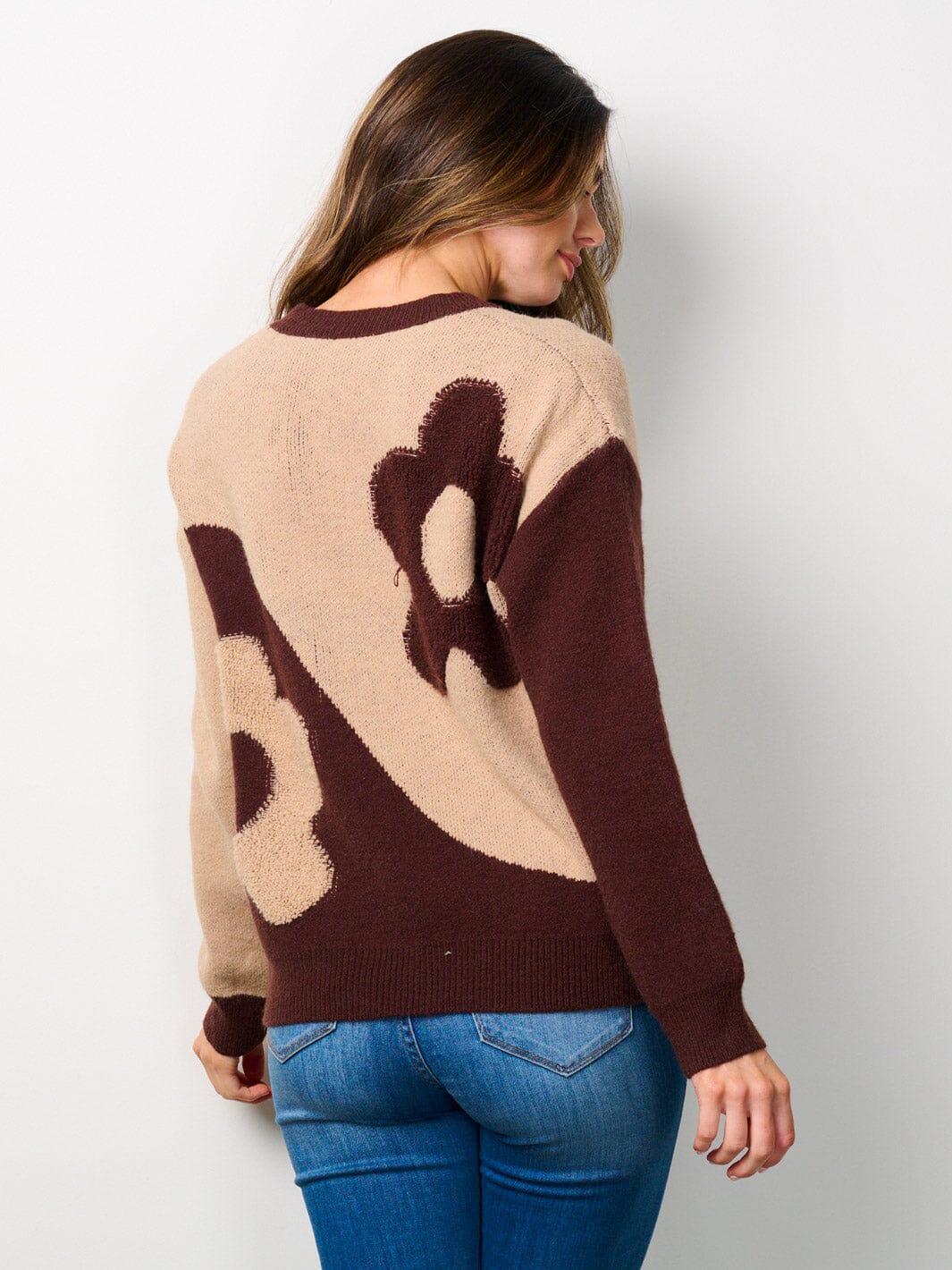 WOMEN'S LONG SLEEVE COLORBLOCK FLORAL SWEATER