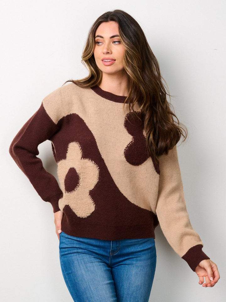 WOMEN'S LONG SLEEVE COLORBLOCK FLORAL SWEATER