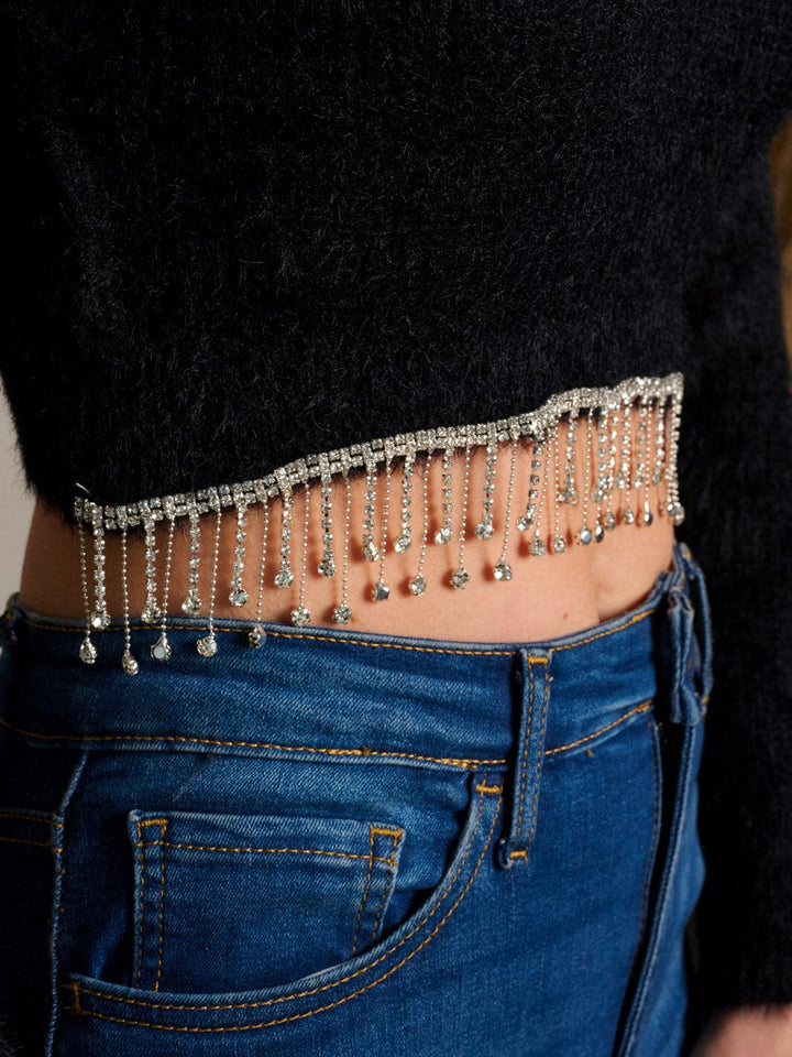 WOMEN'S LONG SLEEVE STUDS FRINGE DETAILED CROP TOP