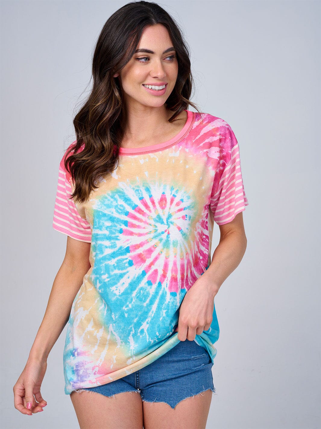 WOMEN'S SHORT STRIPES SLEEVE TIE DYE TOP