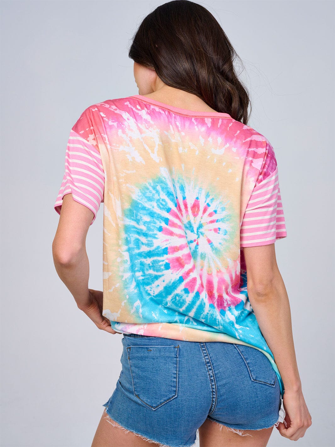 WOMEN'S SHORT STRIPES SLEEVE TIE DYE TOP