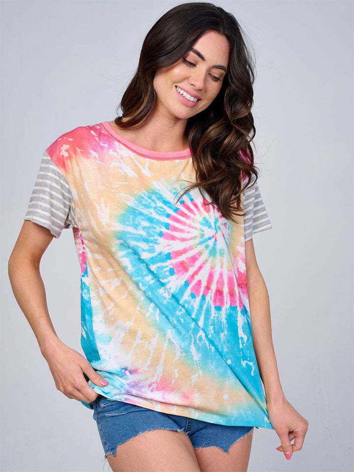 WOMEN'S SHORT STRIPES SLEEVE TIE DYE TOP