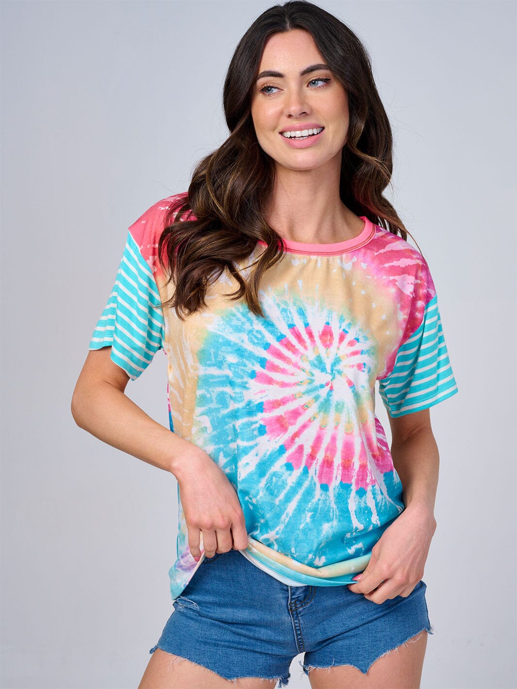 WOMEN'S SHORT STRIPES SLEEVE TIE DYE TOP