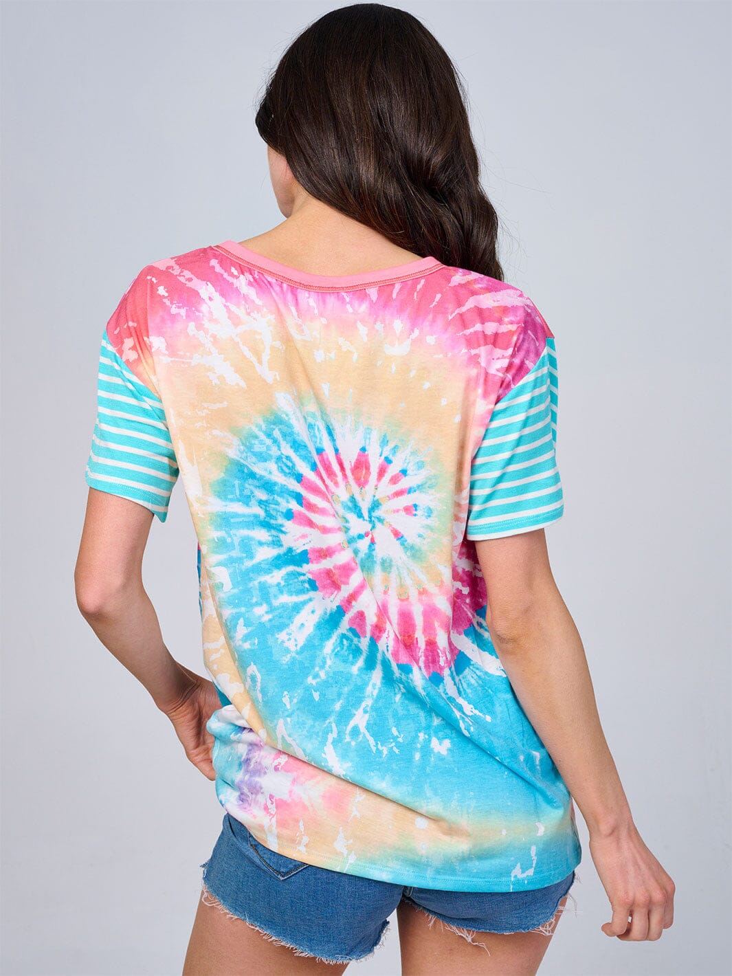 WOMEN'S SHORT STRIPES SLEEVE TIE DYE TOP