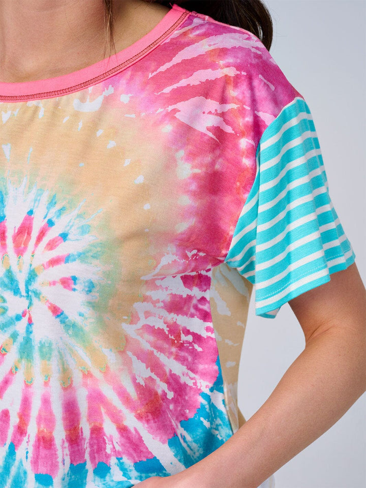 WOMEN'S SHORT STRIPES SLEEVE TIE DYE TOP
