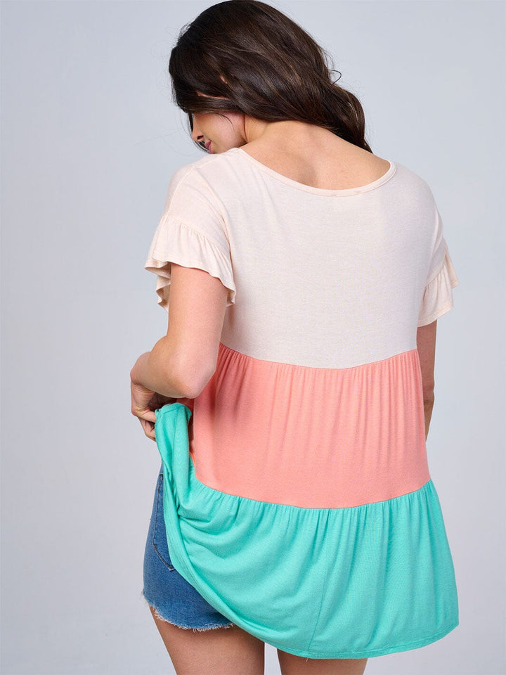 WOMEN'S SHORT SLEEVE RUFFLE TIERED COLORBLOCK TUNIC TOP