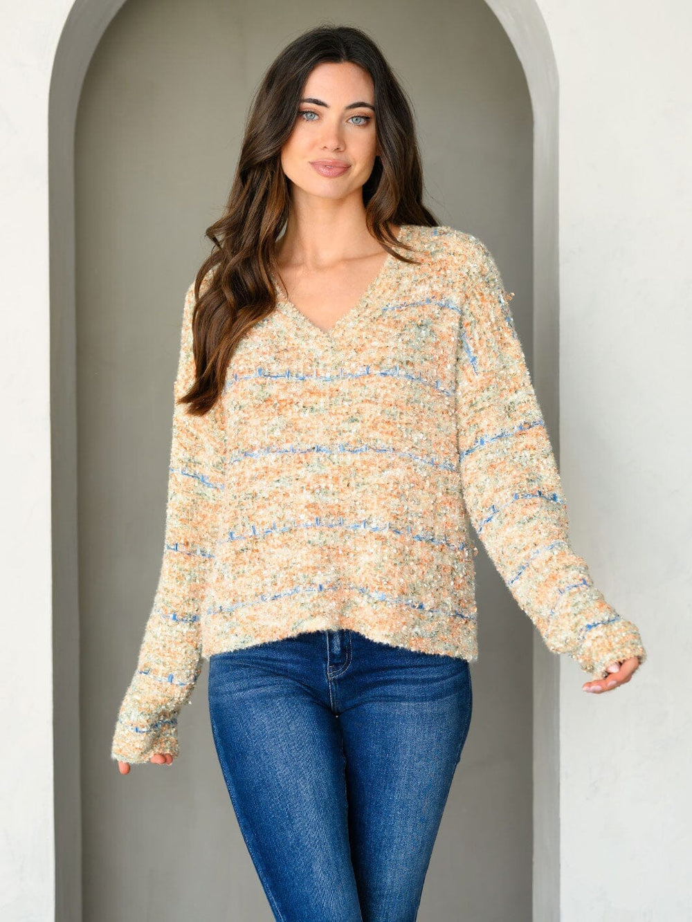 WOMEN'S LONG SLEEVE COLORBLOCK V-NECK PULLOVER SWEATER