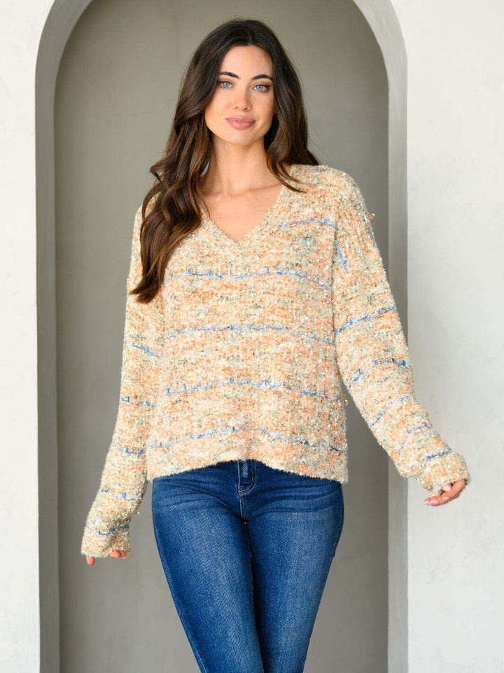 WOMEN'S LONG SLEEVE COLORBLOCK V-NECK PULLOVER SWEATER