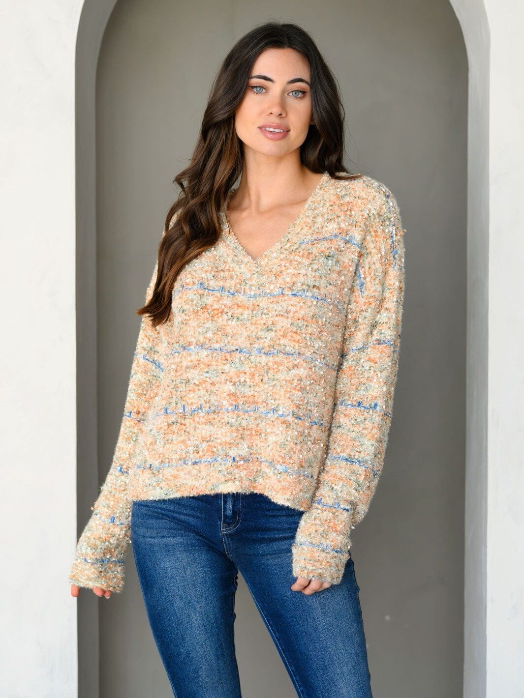 WOMEN'S LONG SLEEVE COLORBLOCK V-NECK PULLOVER SWEATER