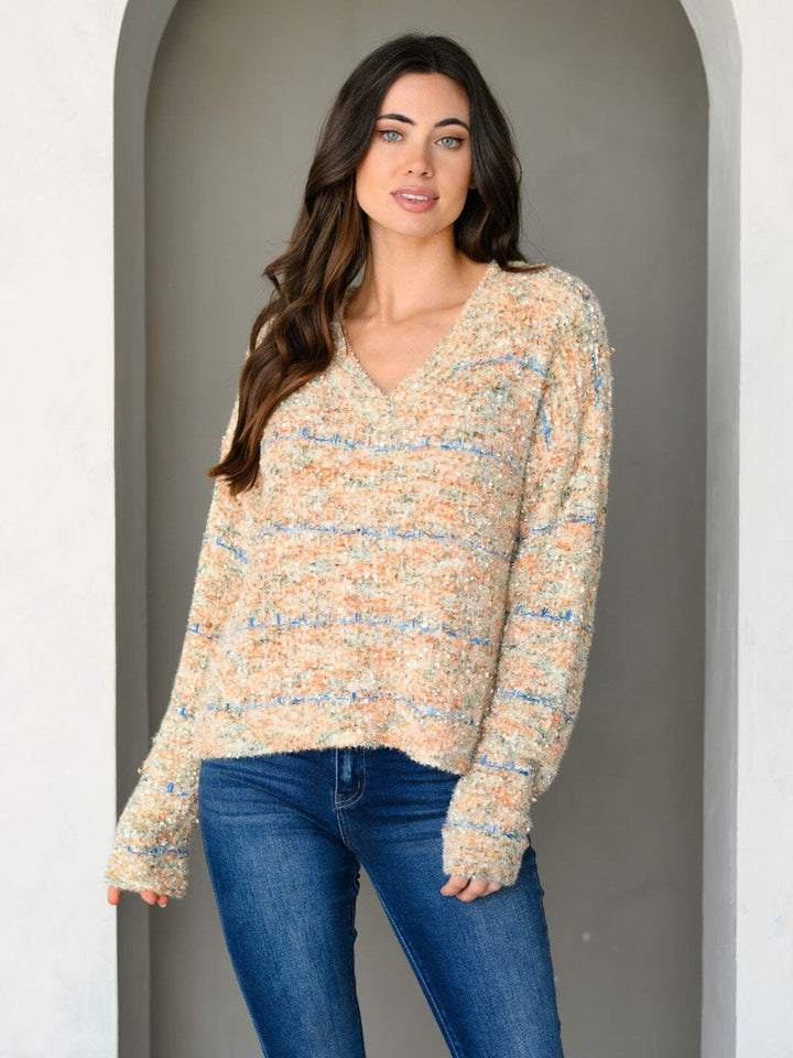 WOMEN'S LONG SLEEVE COLORBLOCK V-NECK PULLOVER SWEATER