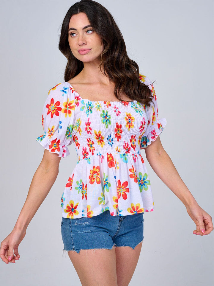 WOMEN'S SHORT SLEEVE SMOCK FLORAL PEPLUM BLOUSE