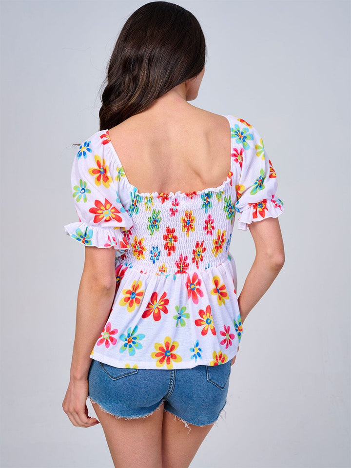 WOMEN'S SHORT SLEEVE SMOCK FLORAL PEPLUM BLOUSE