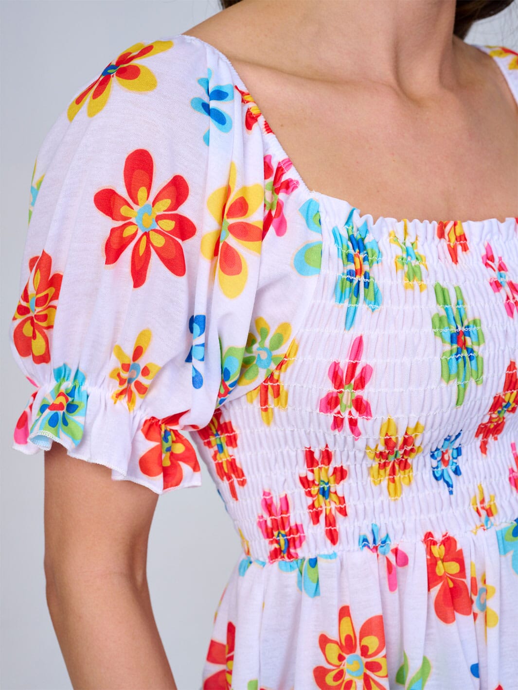 WOMEN'S SHORT SLEEVE SMOCK FLORAL PEPLUM BLOUSE