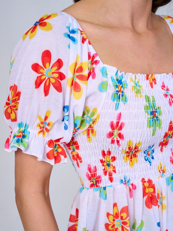 WOMEN'S SHORT SLEEVE SMOCK FLORAL PEPLUM BLOUSE