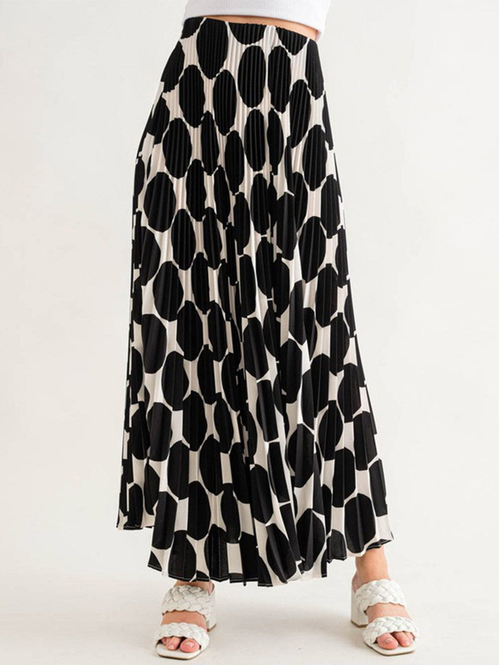 WOMEN'S ELASTIC WAIST PLEATED PRINTED MAXI SKIRT