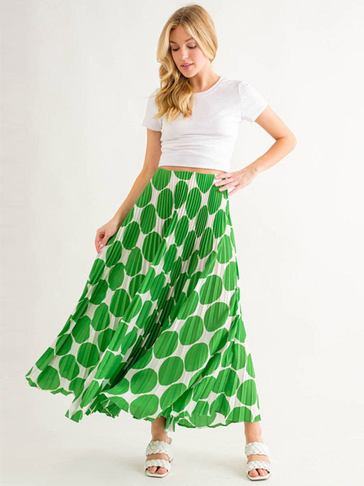 WOMEN'S ELASTIC WAIST PLEATED PRINTED MAXI SKIRT
