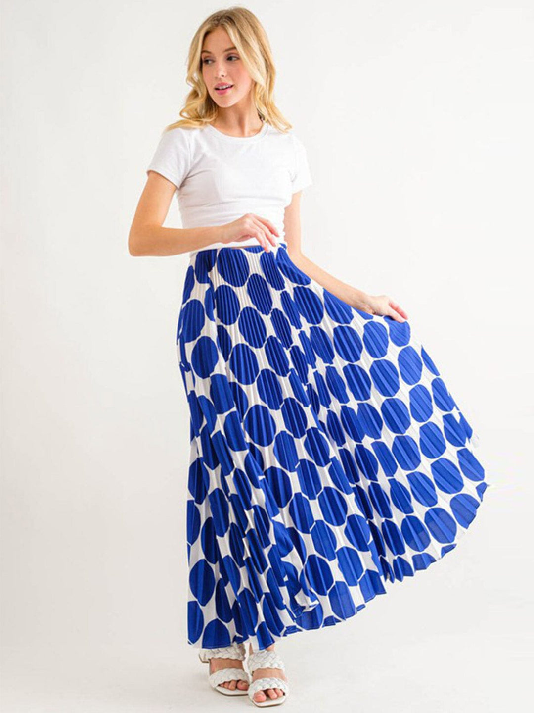 WOMEN'S ELASTIC WAIST PLEATED PRINTED MAXI SKIRT