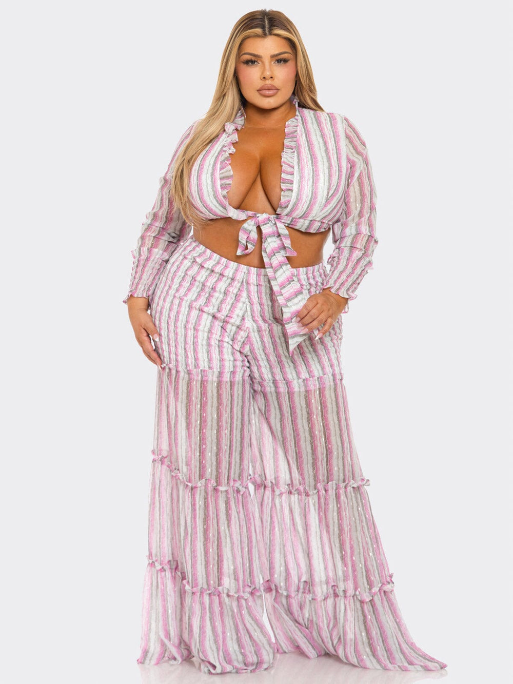 PLUS SIZE LONG SLEEVE CROP TOP & ELASTIC WAIST PANTS TIERED STRIPES 2PC. SET