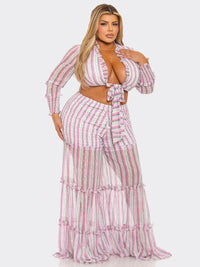 PLUS SIZE LONG SLEEVE CROP TOP & ELASTIC WAIST PANTS TIERED STRIPES 2PC. SET