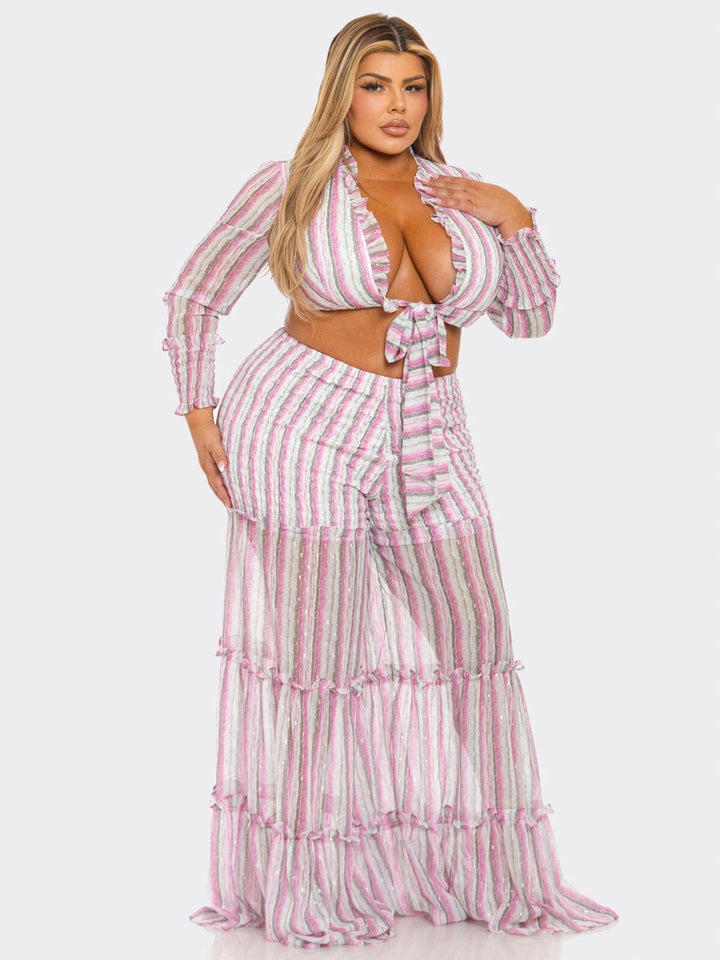PLUS SIZE LONG SLEEVE CROP TOP & ELASTIC WAIST PANTS TIERED STRIPES 2PC. SET