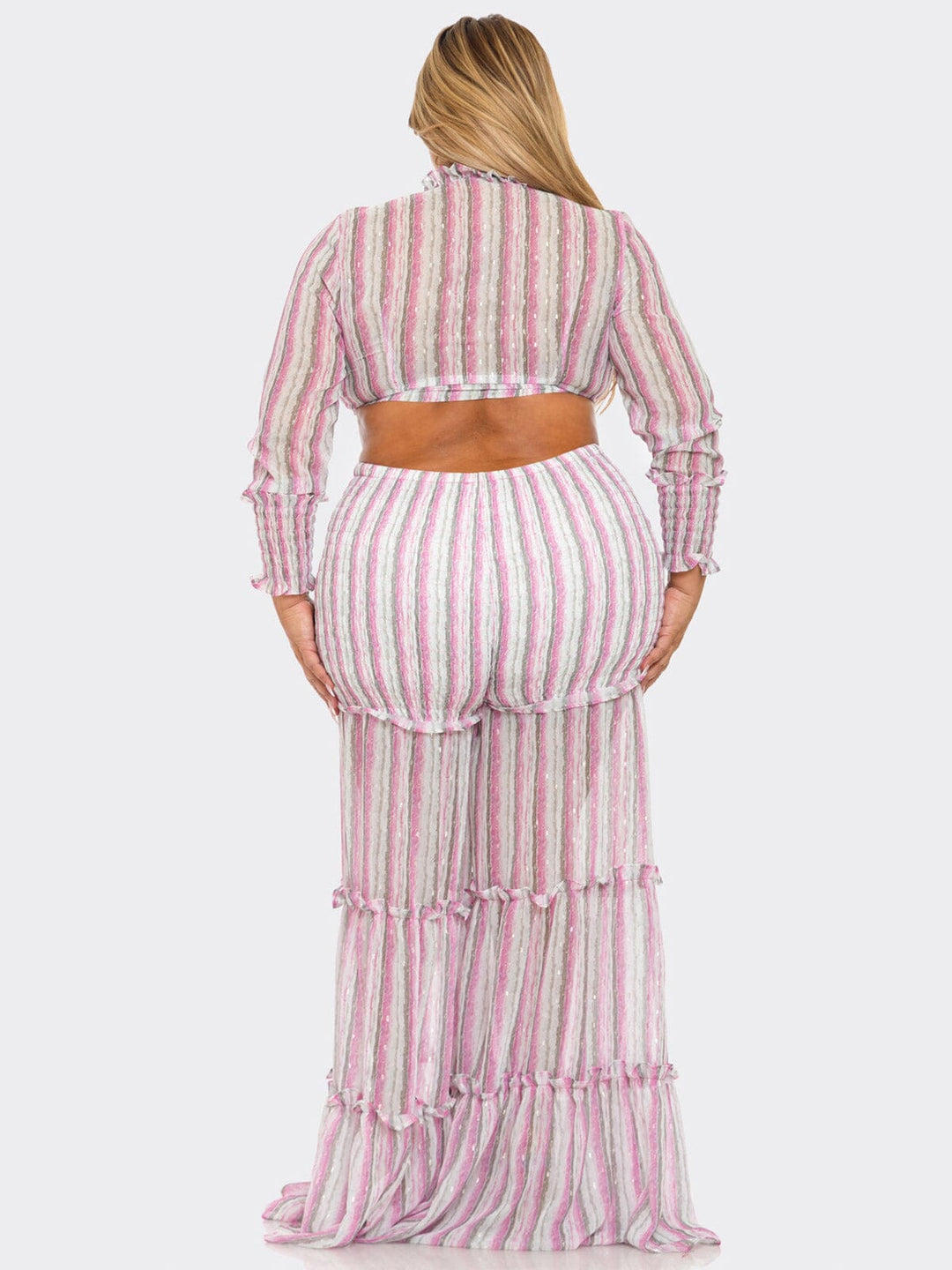PLUS SIZE LONG SLEEVE CROP TOP & ELASTIC WAIST PANTS TIERED STRIPES 2PC. SET