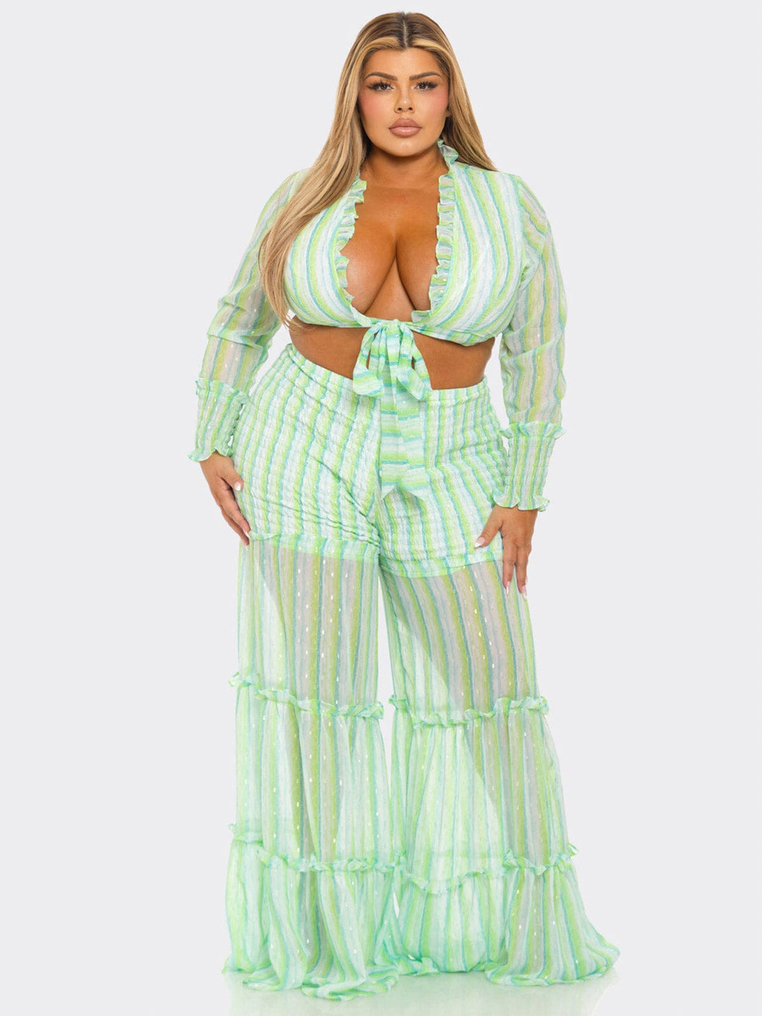 PLUS SIZE LONG SLEEVE CROP TOP & ELASTIC WAIST PANTS TIERED STRIPES 2PC. SET