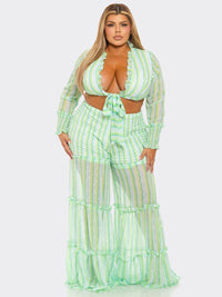 PLUS SIZE LONG SLEEVE CROP TOP & ELASTIC WAIST PANTS TIERED STRIPES 2PC. SET