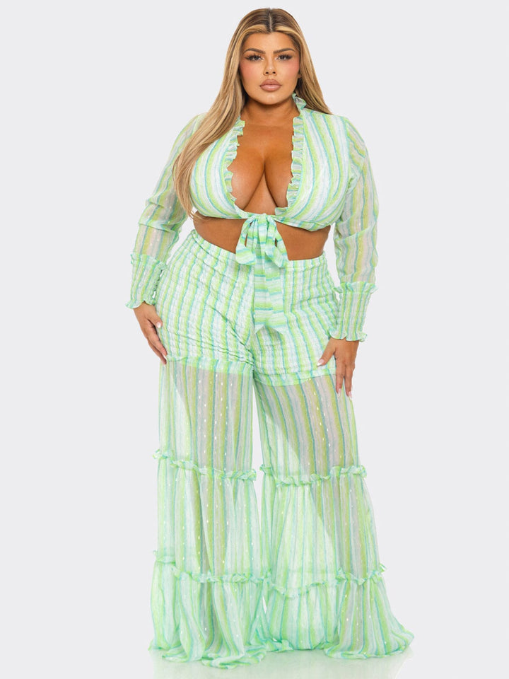 PLUS SIZE LONG SLEEVE CROP TOP & ELASTIC WAIST PANTS TIERED STRIPES 2PC. SET