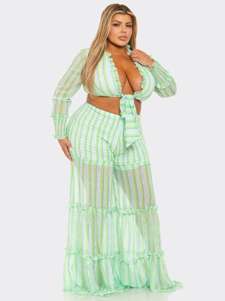 PLUS SIZE LONG SLEEVE CROP TOP & ELASTIC WAIST PANTS TIERED STRIPES 2PC. SET