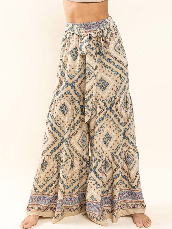 WOMEN'S ELASTIC WAIST SELF TIE FRONT POCKETS MULTI PRINT WIDE LEG PANTS