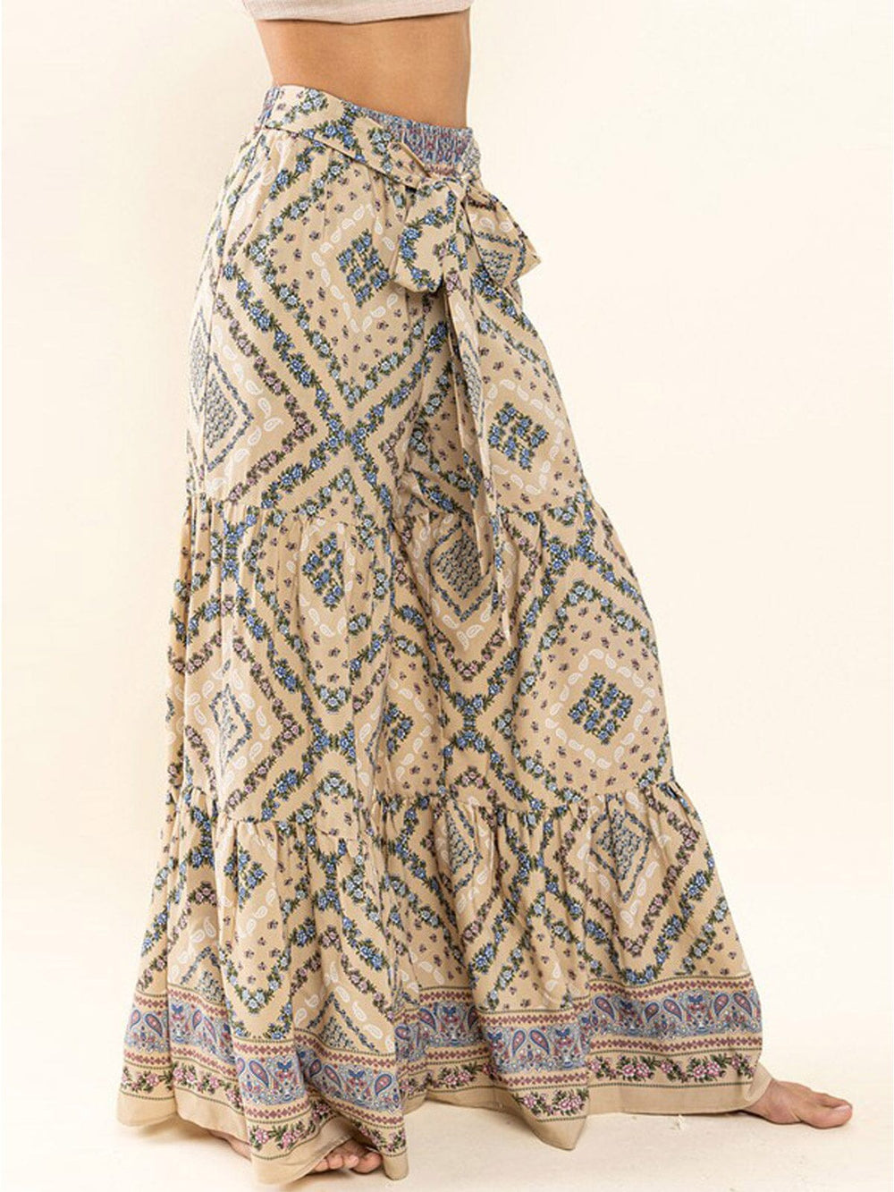 WOMEN'S ELASTIC WAIST SELF TIE FRONT POCKETS MULTI PRINT WIDE LEG PANTS