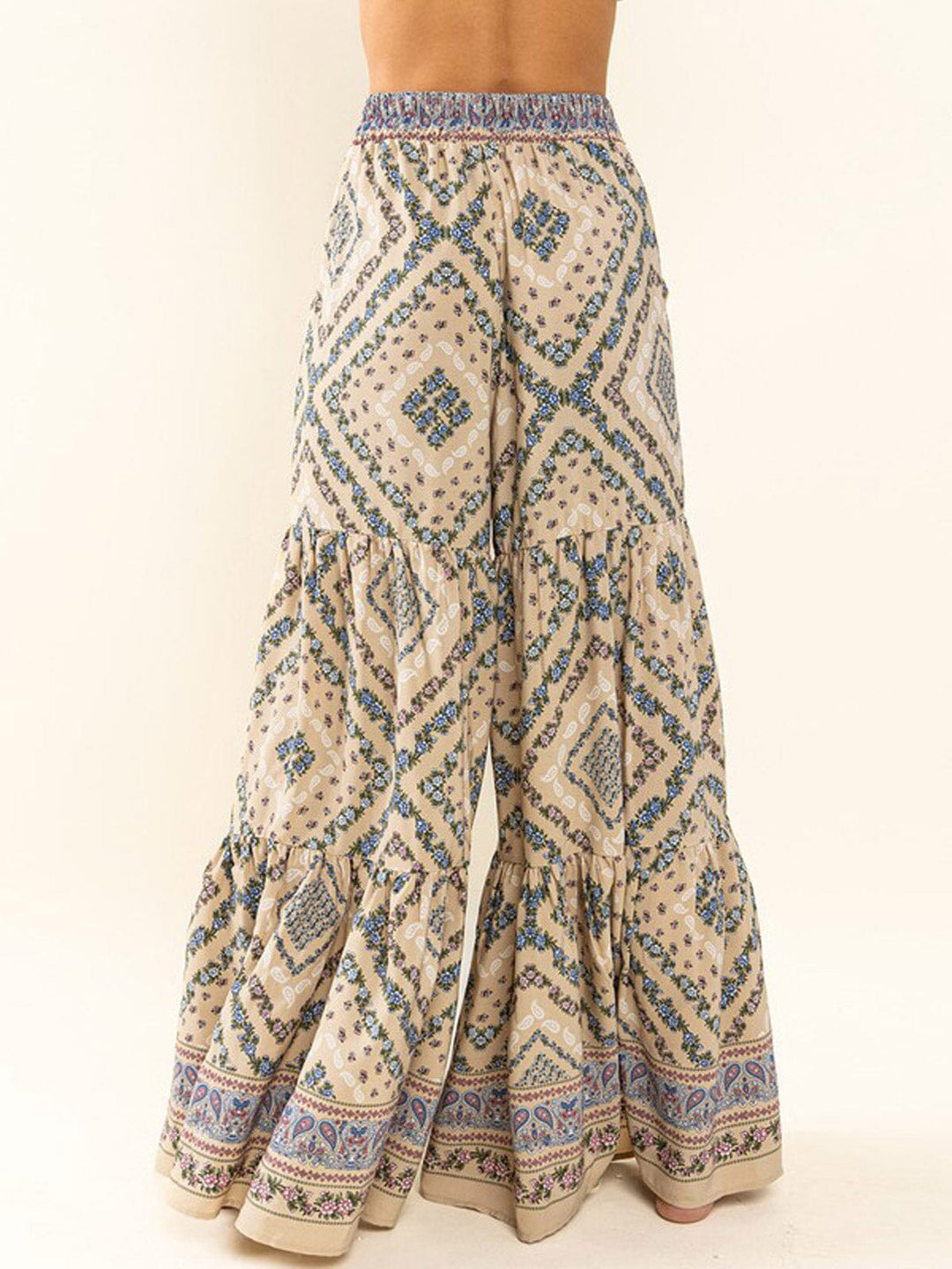 WOMEN'S ELASTIC WAIST SELF TIE FRONT POCKETS MULTI PRINT WIDE LEG PANTS