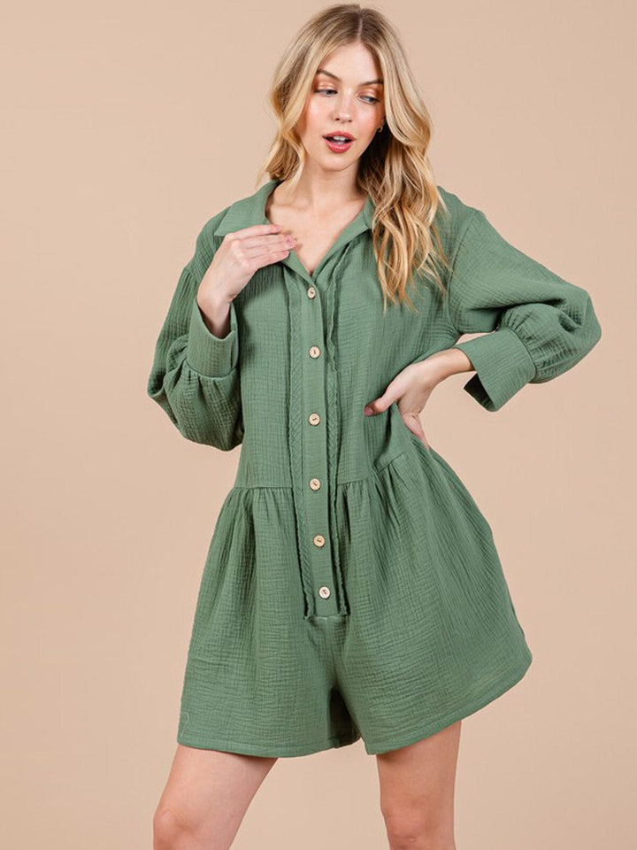 WOMEN'S LONG SLEEVE BUTTON UP FRONT POCKETS ROMPER