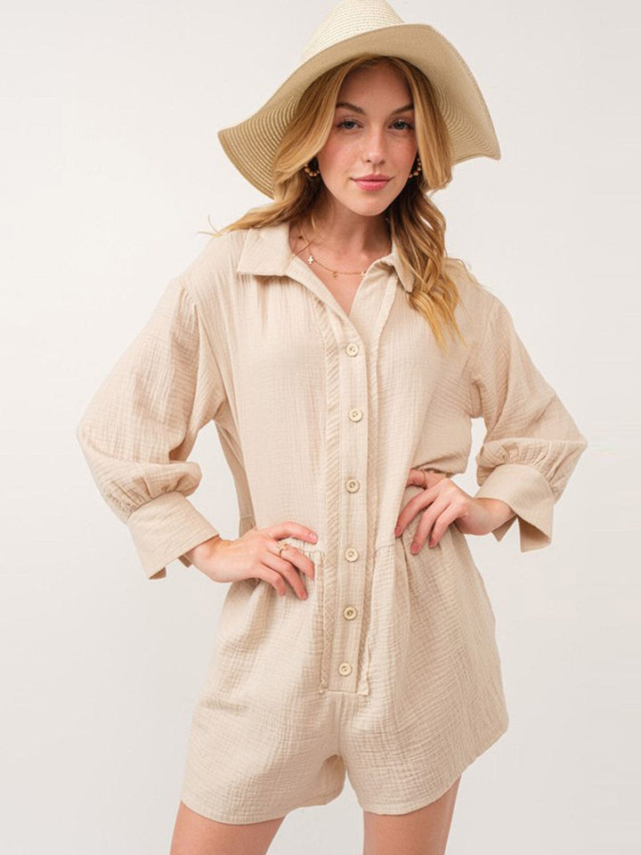 WOMEN'S LONG SLEEVE BUTTON UP FRONT POCKETS ROMPER