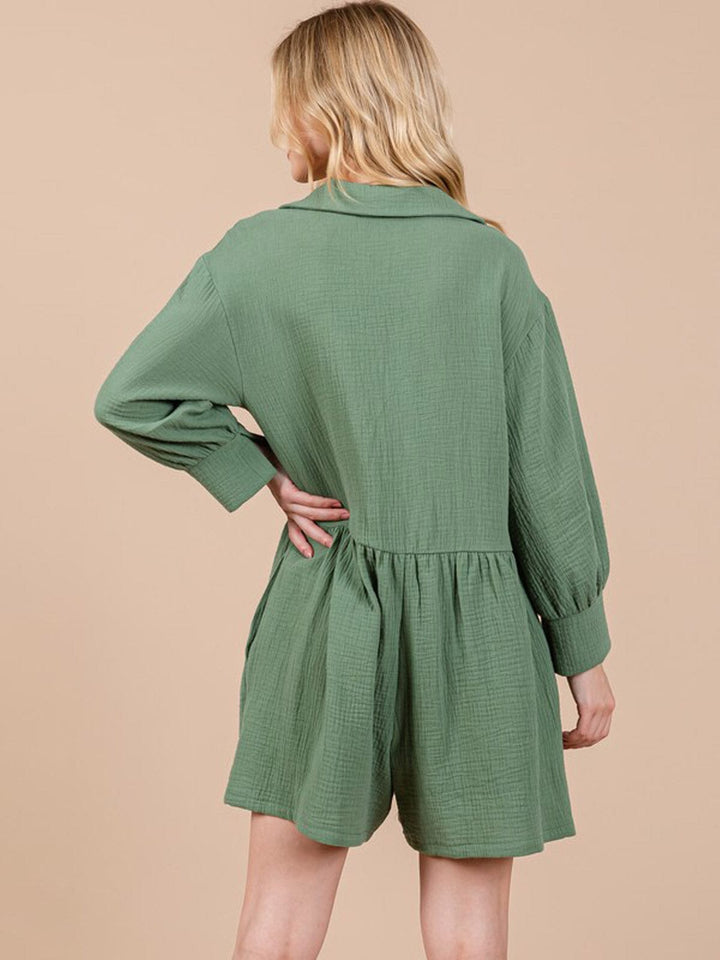 WOMEN'S LONG SLEEVE BUTTON UP FRONT POCKETS ROMPER