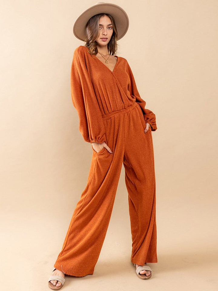 WOMEN'S LONG SLEEVE SURPLICE ELASTIC WAIST POCKETS WIDE LEG JUMPSUIT