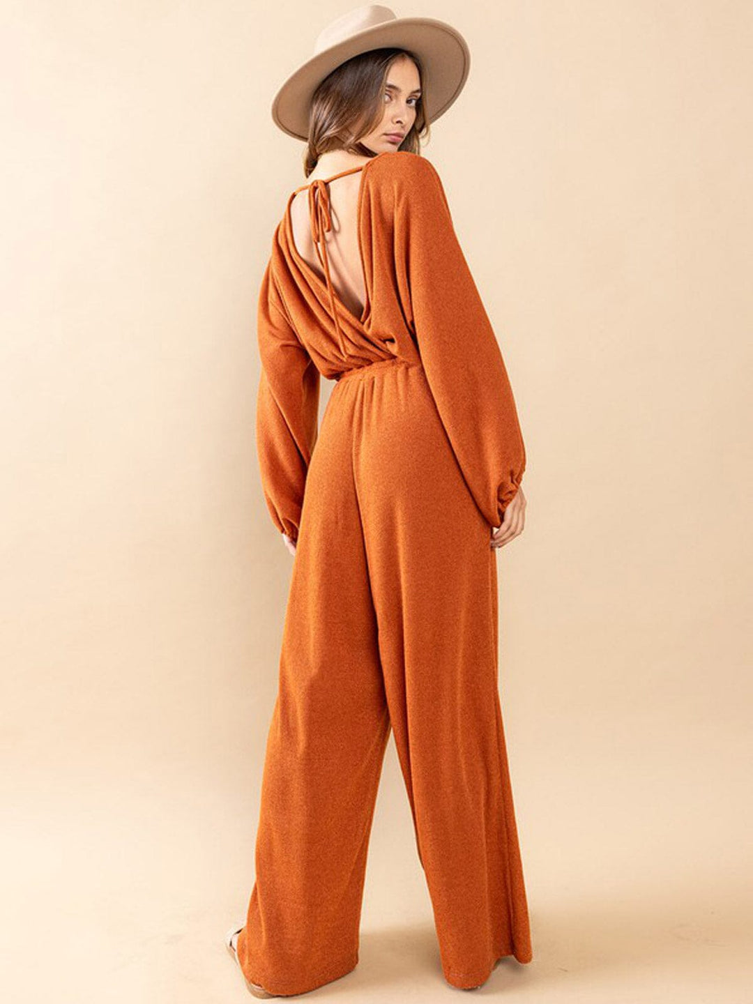 WOMEN'S LONG SLEEVE SURPLICE ELASTIC WAIST POCKETS WIDE LEG JUMPSUIT