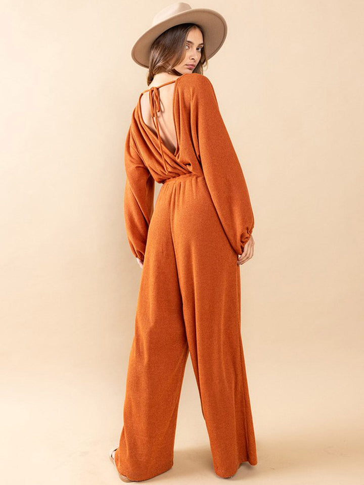 WOMEN'S LONG SLEEVE SURPLICE ELASTIC WAIST POCKETS WIDE LEG JUMPSUIT