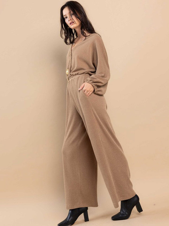 WOMEN'S LONG SLEEVE SURPLICE ELASTIC WAIST POCKETS WIDE LEG JUMPSUIT