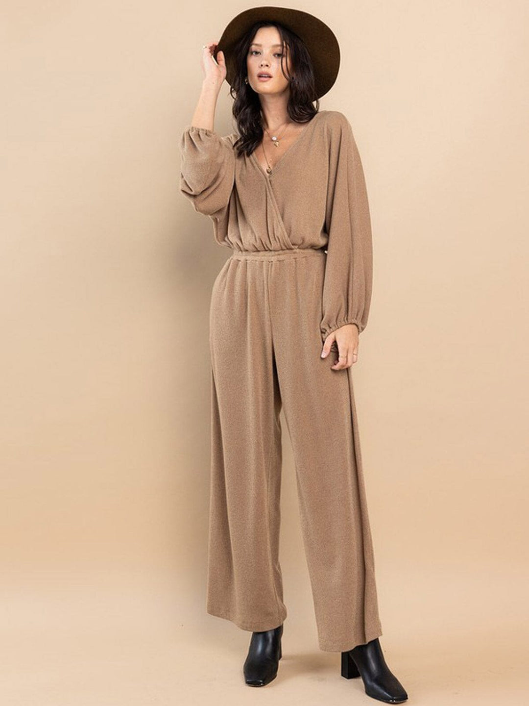 WOMEN'S LONG SLEEVE SURPLICE ELASTIC WAIST POCKETS WIDE LEG JUMPSUIT