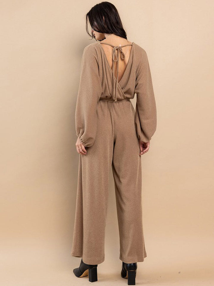 WOMEN'S LONG SLEEVE SURPLICE ELASTIC WAIST POCKETS WIDE LEG JUMPSUIT