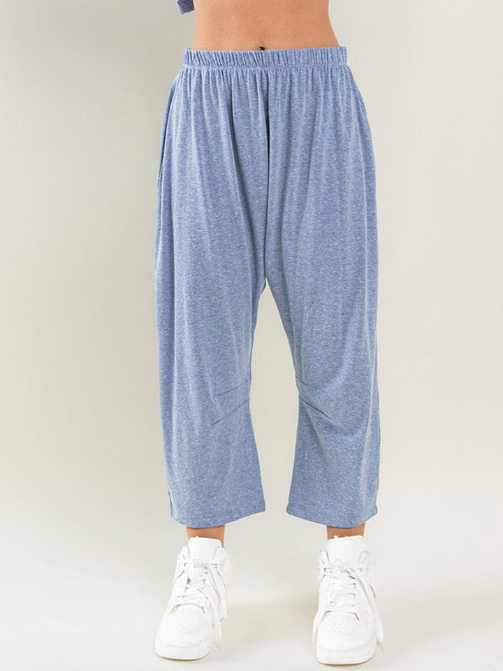 WOMEN'S ELASTIC WAIST FRONT POCKETS WIDE LEG CAPRI PANTS