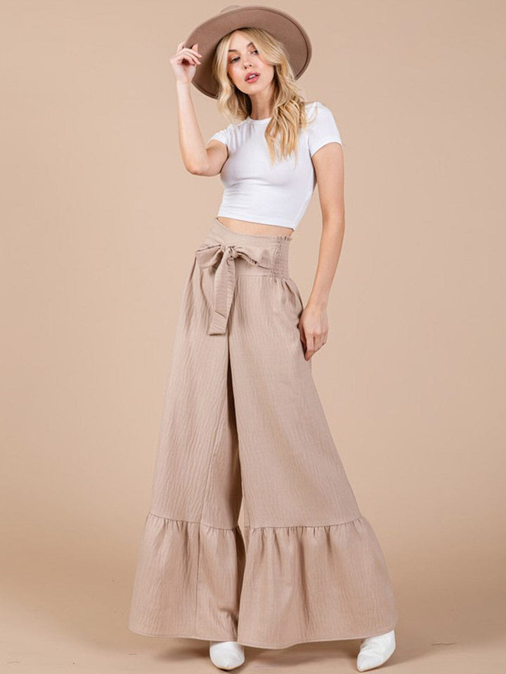 WOMEN'S SMOCK WAIST SELF TIE BELL LEG PANTS