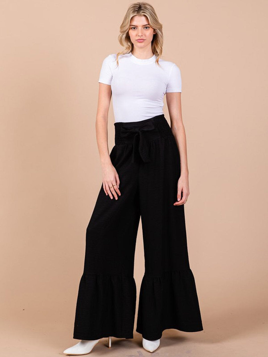WOMEN'S SMOCK WAIST SELF TIE BELL LEG PANTS