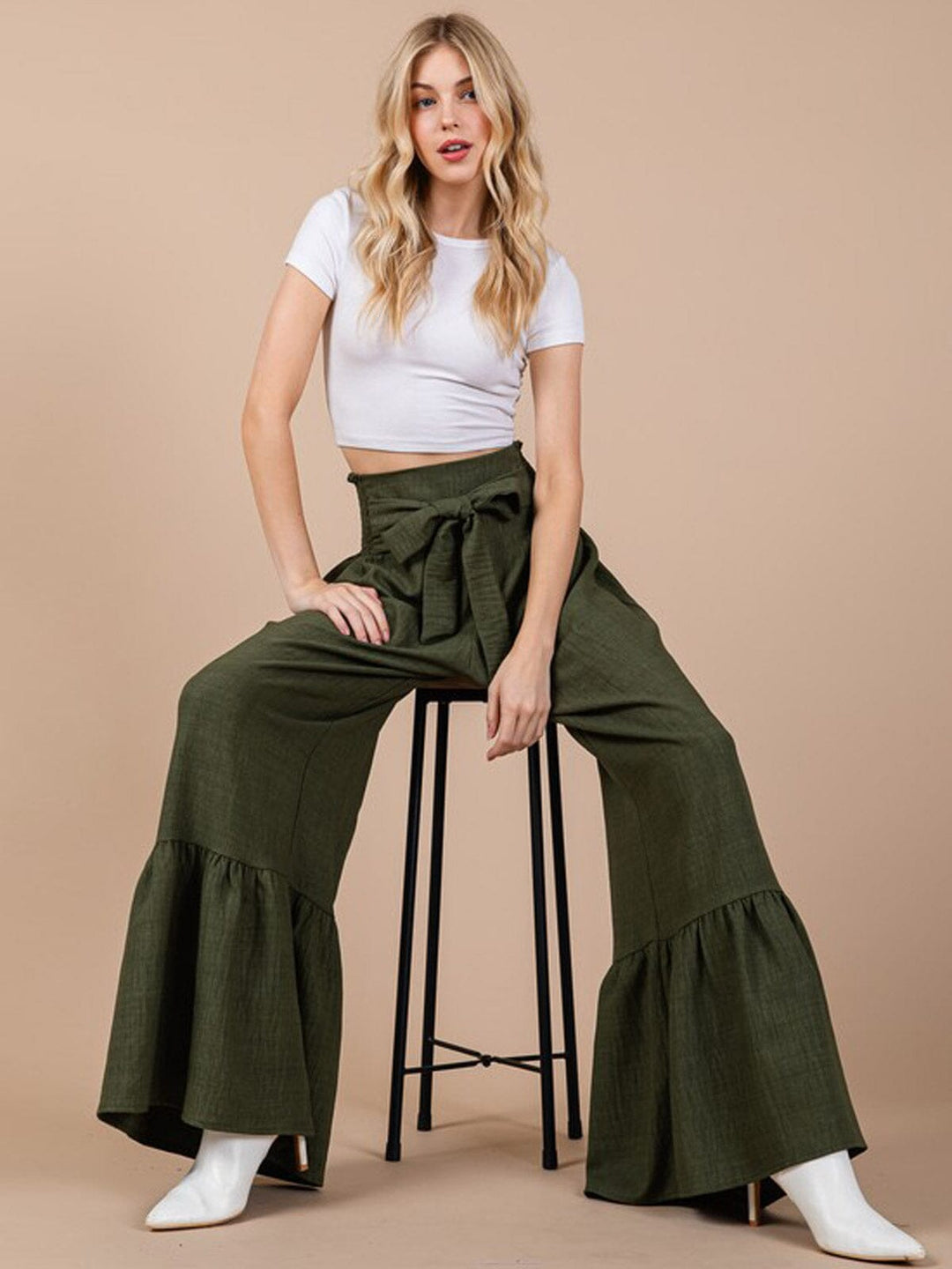 WOMEN'S SMOCK WAIST SELF TIE BELL LEG PANTS
