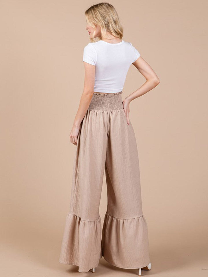 WOMEN'S SMOCK WAIST SELF TIE BELL LEG PANTS