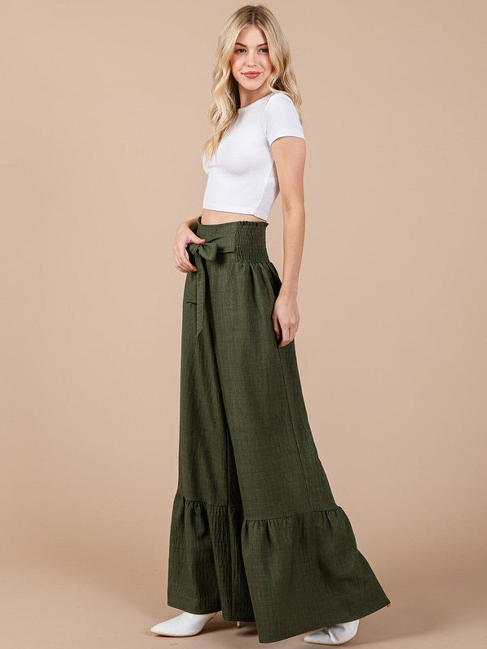 WOMEN'S SMOCK WAIST SELF TIE BELL LEG PANTS