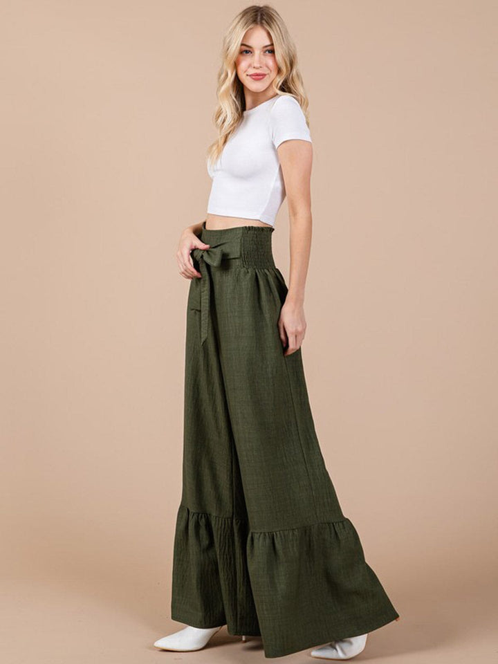 WOMEN'S SMOCK WAIST SELF TIE BELL LEG PANTS