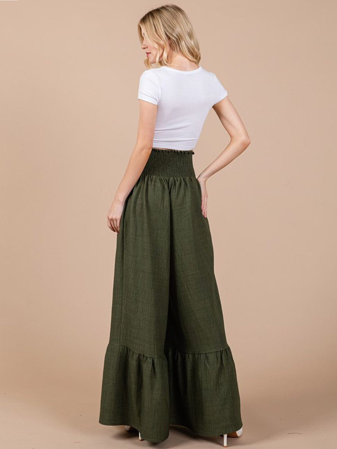 WOMEN'S SMOCK WAIST SELF TIE BELL LEG PANTS